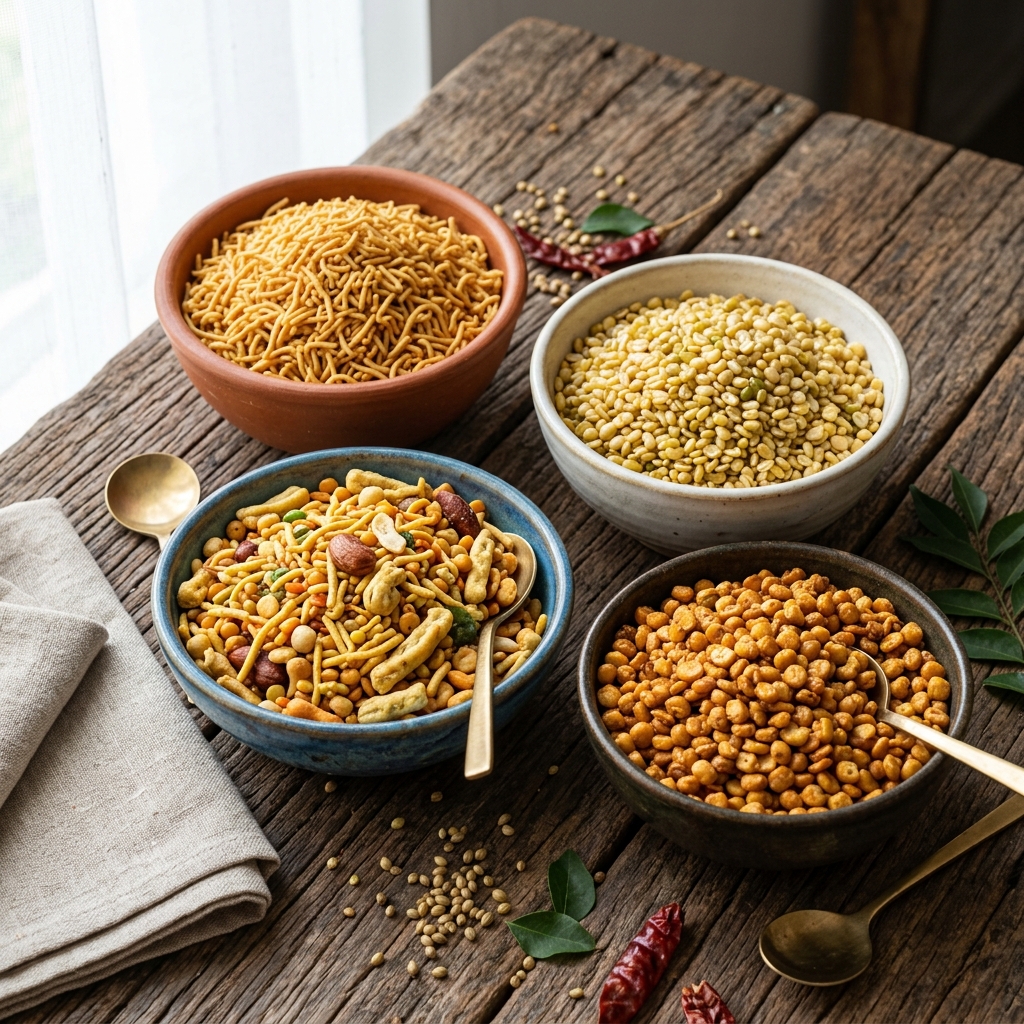 Authentic Indian namkeen snacks like Aloo Bhujia, Moong Dal, Khatta Meetha mix